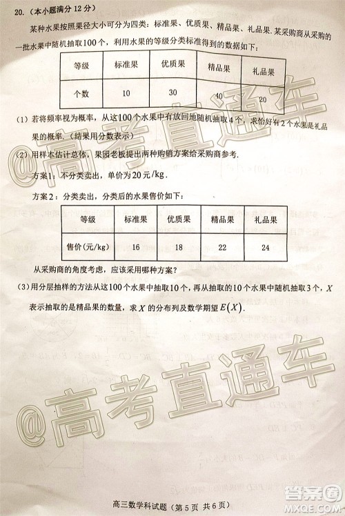 琼海市2020年高考模拟考试数学试题及答案