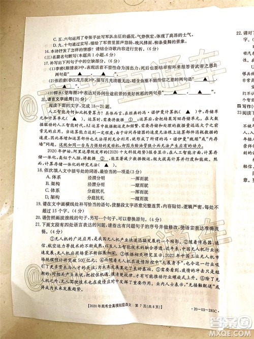 泰安三模2020年高考全真模拟题语文试题及答案 泰安三模2020年高考全真模拟题语文试题及答案