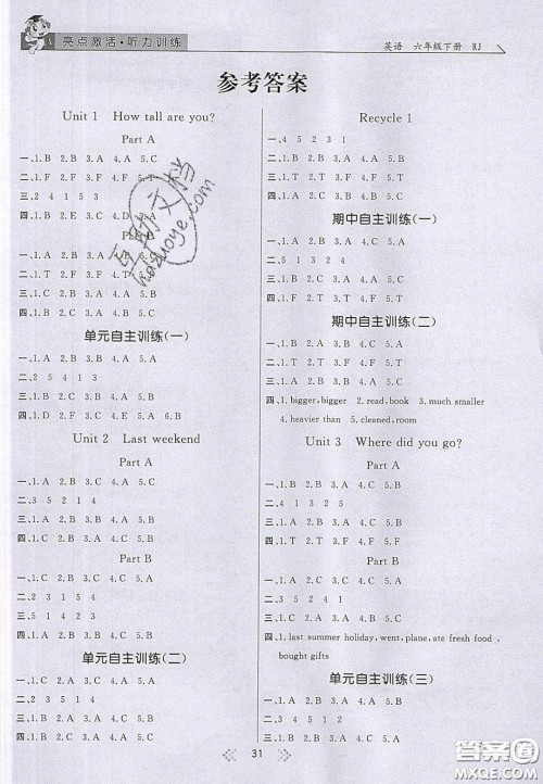 2020亮点激活小学教材多元演练六年级英语下册人教版答案