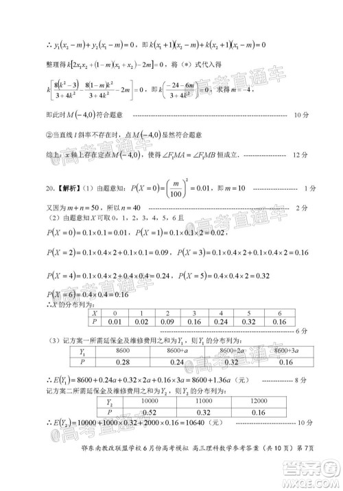 鄂东南省级示范高中教育教学改革联盟学校2020年6月份高考模拟高三理科数学试题及答案