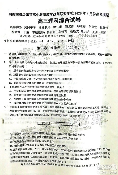 鄂东南省级示范高中教育教学改革联盟学校2020年6月份高考模拟高三理科综合试题及答案