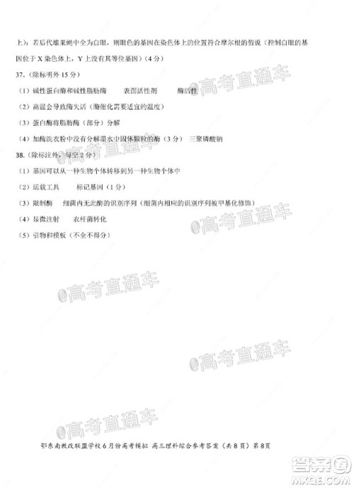 鄂东南省级示范高中教育教学改革联盟学校2020年6月份高考模拟高三理科综合试题及答案