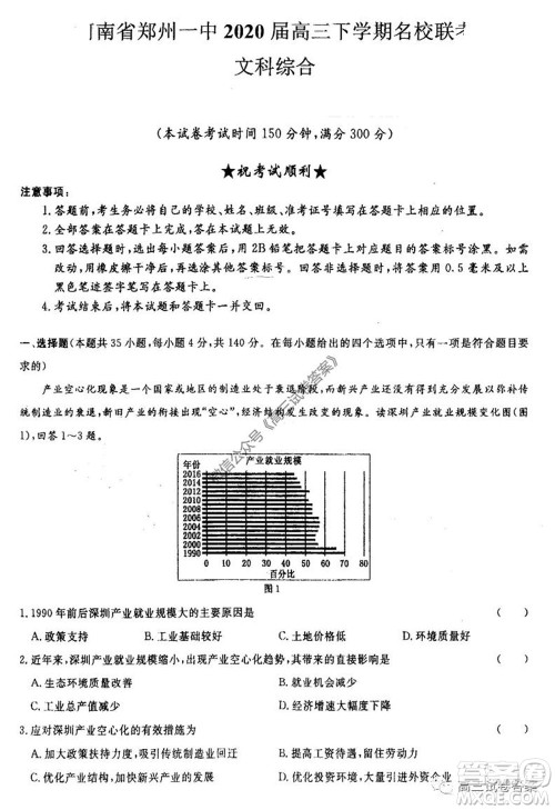 河南省郑州一中2020届高三下学期名校联考文科综合试题及答案