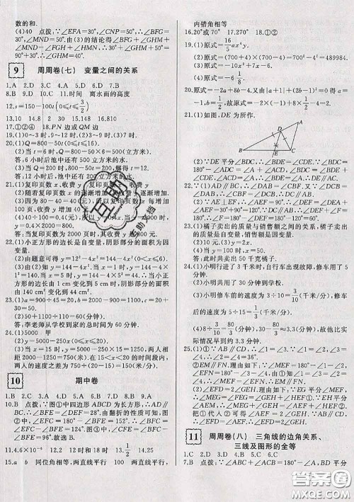 2020新版优翼优干线周周卷初中数学七年级下册北师版答案