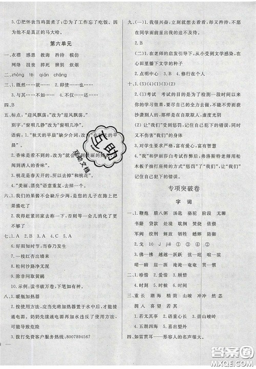 2020亮点激活精编提优100分大试卷六年级语文下册人教版答案