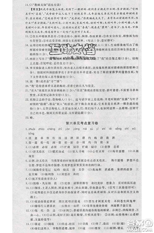 2020新版优翼优干线测试卷初中语文七年级语文下册人教版答案