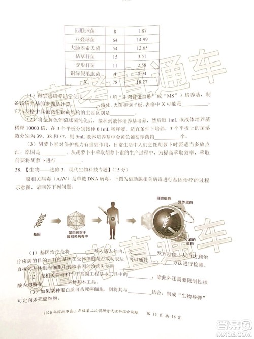 2020年深圳市高三年级第二次调研考试理科综合试题及答案