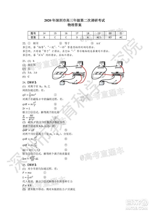 2020年深圳市高三年级第二次调研考试理科综合试题及答案