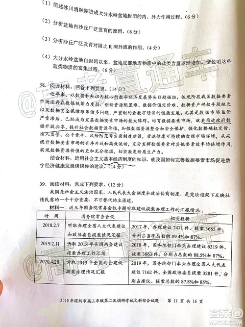 2020年深圳市高三年级第二次调研考试文科综合试题及答案 2020年深圳市高三年级第二次调研考试文科综合试题及答案