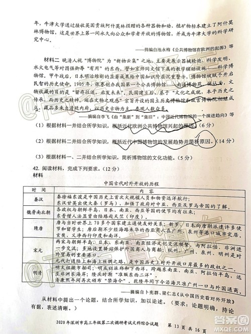 2020年深圳市高三年级第二次调研考试文科综合试题及答案 2020年深圳市高三年级第二次调研考试文科综合试题及答案