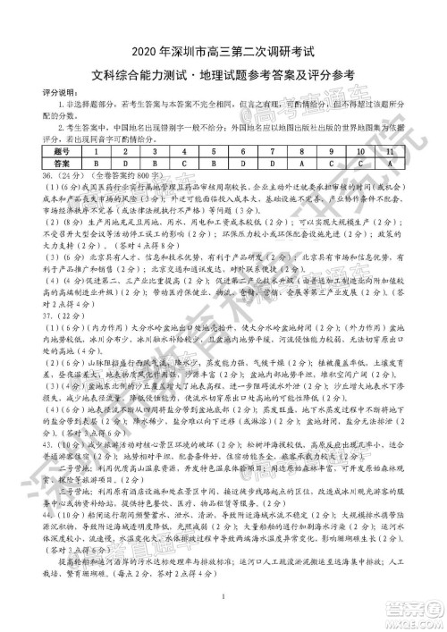 2020年深圳市高三年级第二次调研考试文科综合试题及答案 2020年深圳市高三年级第二次调研考试文科综合试题及答案