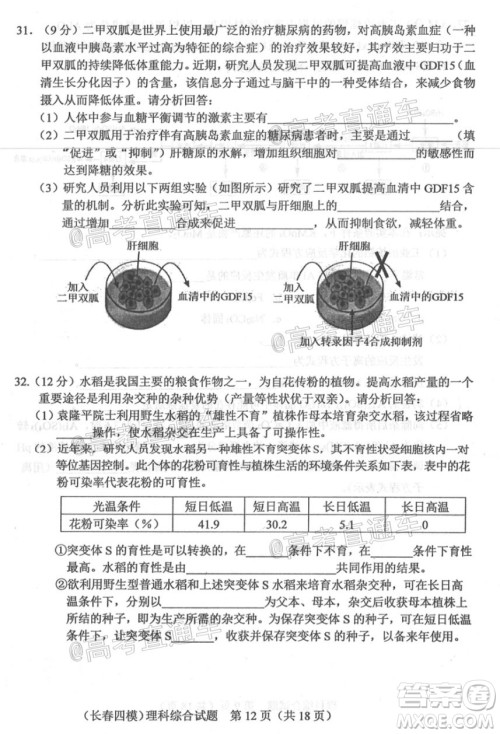 长春市2020届高三质量监测四理科综合试题及答案