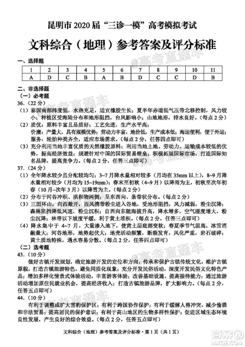 昆明市2020届三诊一模高考模拟考试文科综合试题及答案 昆明市2020届三诊一模高考模拟考试文科综合试题及答案