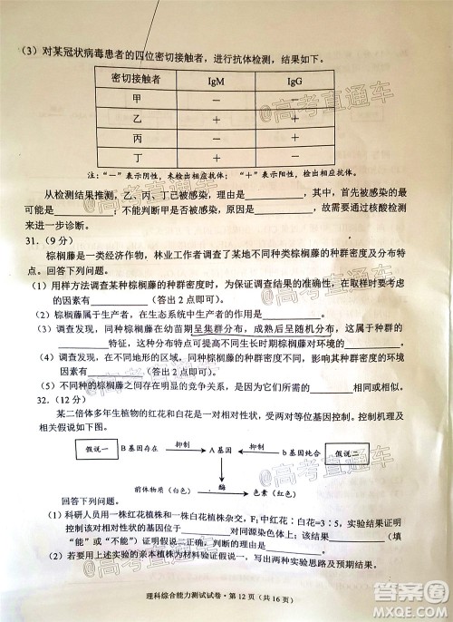 昆明市2020届三诊一模高考模拟考试理科综合试题及答案