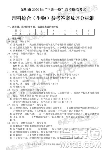 昆明市2020届三诊一模高考模拟考试理科综合试题及答案 昆明市2020届三诊一模高考模拟考试理科综合试题及答案