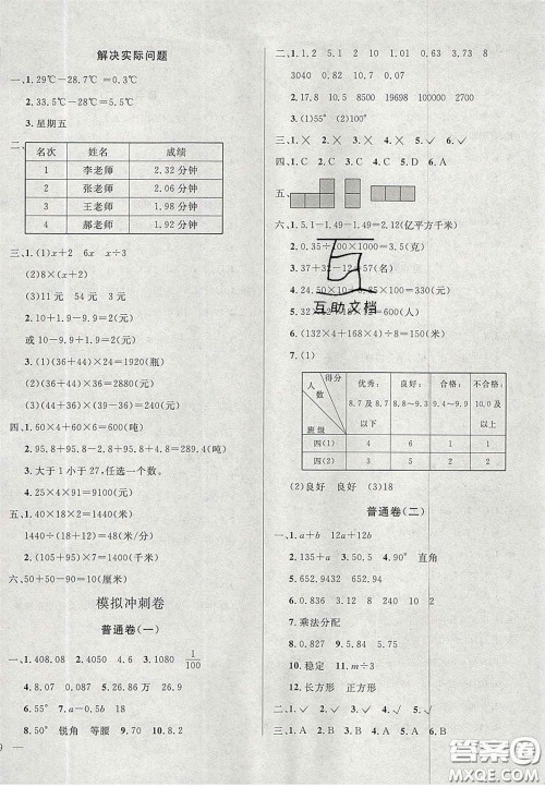 2020亮点激活精编提优100分大试卷四年级数学下册青岛版答案