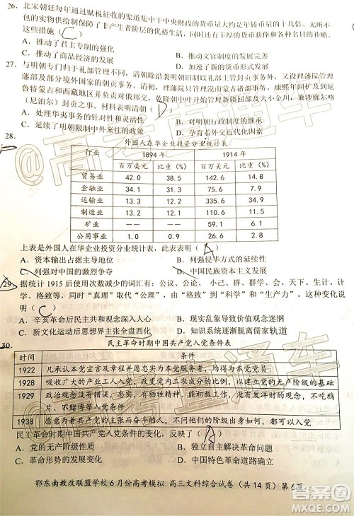鄂东南省级示范高中教育教学改革联盟学校2020年6月份高考模拟高三文科综合试题及答案