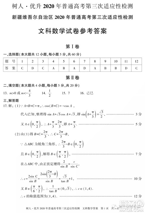 新疆维吾尔自治区2020年普通高考第三次适应性检测文科数学试题及答案