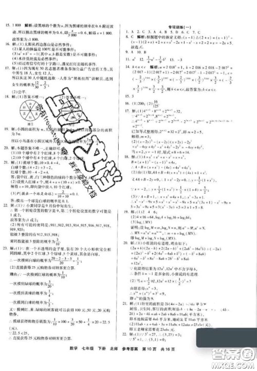 阳光出版社2020年优品单元与期末七年级数学下册北师大版答案