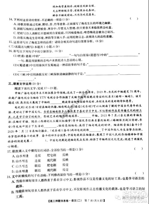 九师联盟2019-2020学年高三押题信息卷二语文试题及答案 九师联盟2019-2020学年高三押题信息卷二语文试题及答案
