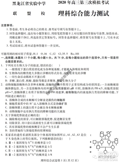 黑龙江省实验中学2020年第三次模拟考试理科综合试题及答案