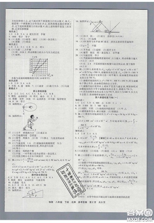 阳光出版社2020年优品单元与期末八年级物理下册北师大版答案