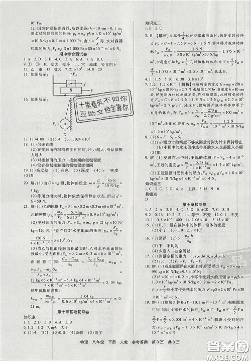 阳光出版社2020年优品单元与期末八年级物理下册人教版答案