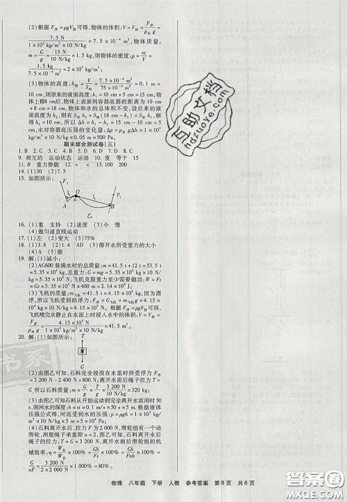 阳光出版社2020年优品单元与期末八年级物理下册人教版答案