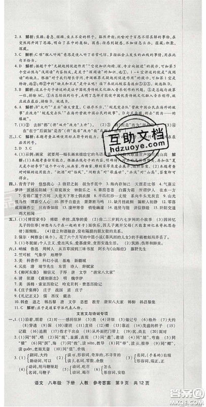 阳光出版社2020年优品单元与期末八年级语文下册人教版答案