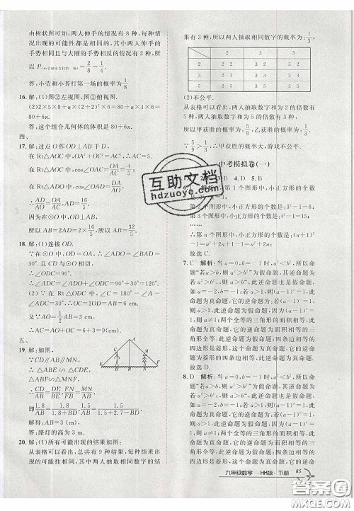 2020年优品单元与期末九年级数学下册沪科版答案