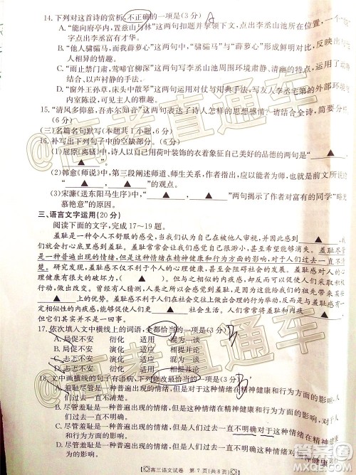 2020年金太阳百万联考全国I卷双四方形高三语文试题及答案 2020年金太阳百万联考全国I卷双四方形高三语文试题及答案