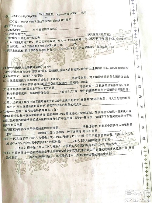 2020年金太阳百万联考全国I卷双四方形高三理科综合试题及答案 2020年金太阳百万联考全国I卷双四方形高三理科综合试题及答案