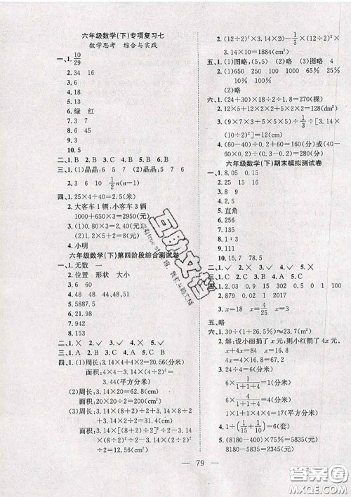 2020新版阳光全优大考卷六年级数学下册人教版答案 2020新版阳光全优大考卷六年级数学下册人教版答案