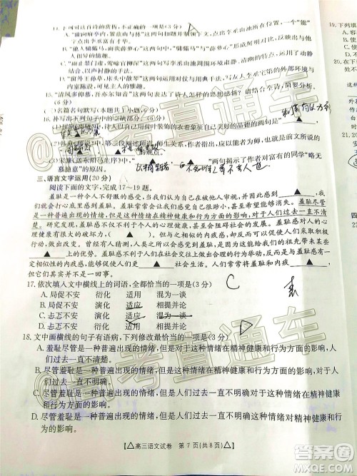 2020年金太阳百万联考全国II卷三角形高三语文试题及答案