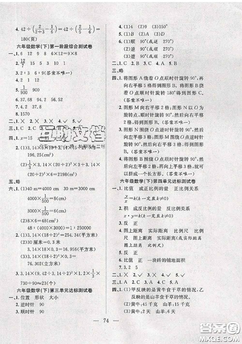 2020新版阳光全优大考卷六年级数学下册北师版答案