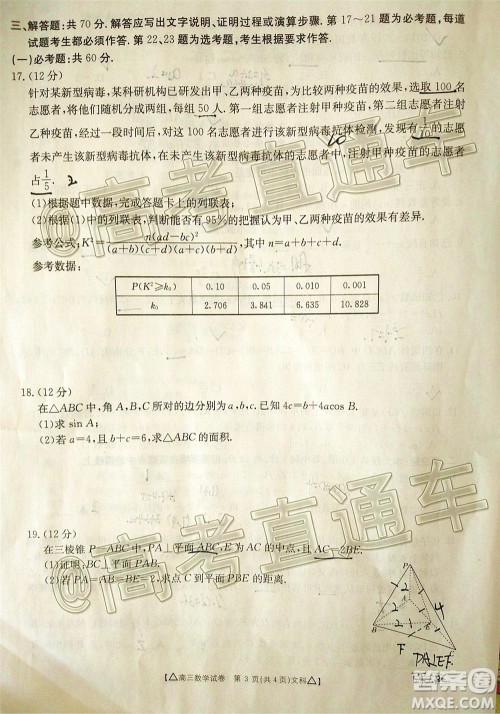 2020年金太阳百万联考全国II卷三角形高三文科数学试题及答案