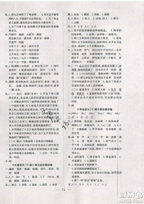 2020新版阳光全优大考卷六年级语文下册人教版答案 2020新版阳光全优大考卷六年级语文下册人教版答案