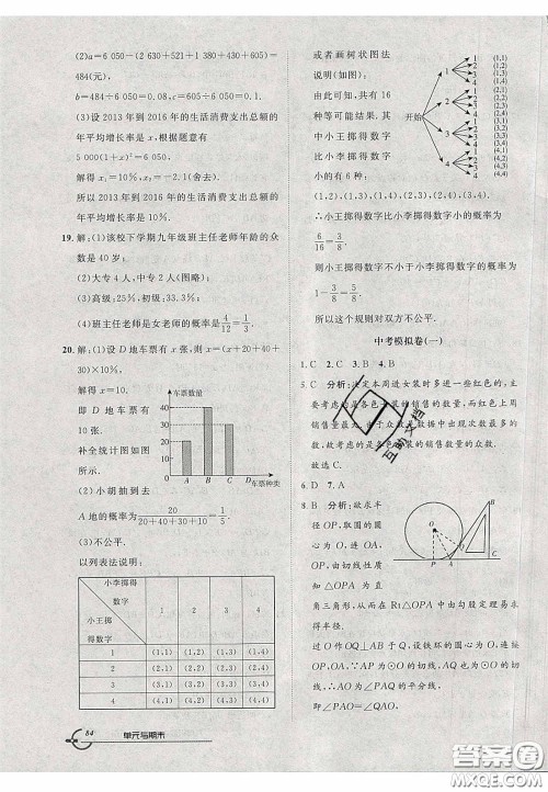 2020年优品单元与期末九年级数学下册人教版答案