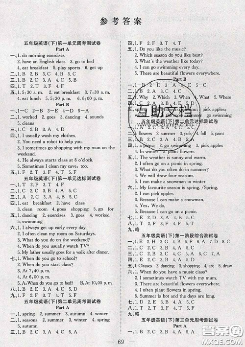 2020新版阳光全优大考卷五年级英语下册人教版答案