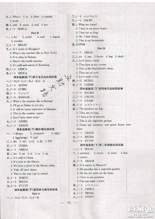 2020新版阳光全优大考卷四年级英语下册人教版答案 2020新版阳光全优大考卷四年级英语下册人教版答案