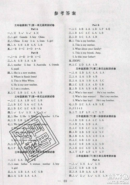 2020新版阳光全优大考卷三年级英语下册人教版答案