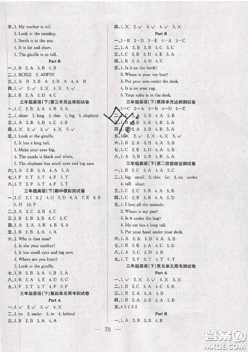 2020新版阳光全优大考卷三年级英语下册人教版答案