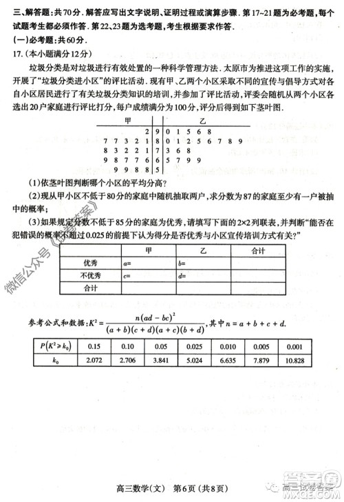 山西省太原市2020年高三年级模拟试题三文科数学试题及答案