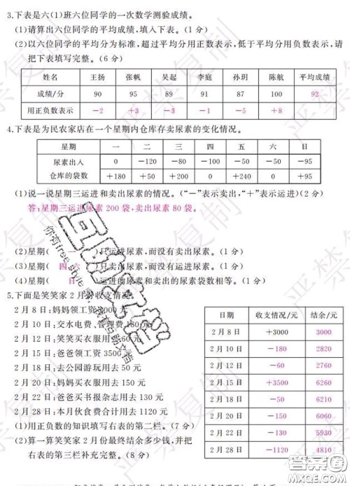 2020春阳光试卷单元测试卷六年级数学下册人教版答案