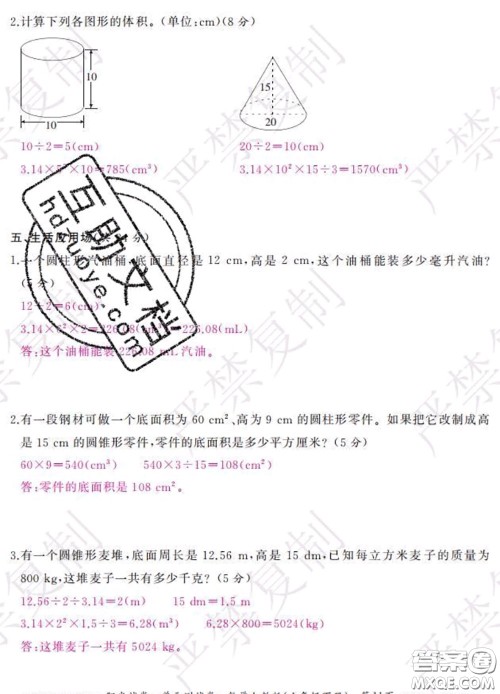 2020春阳光试卷单元测试卷六年级数学下册人教版答案