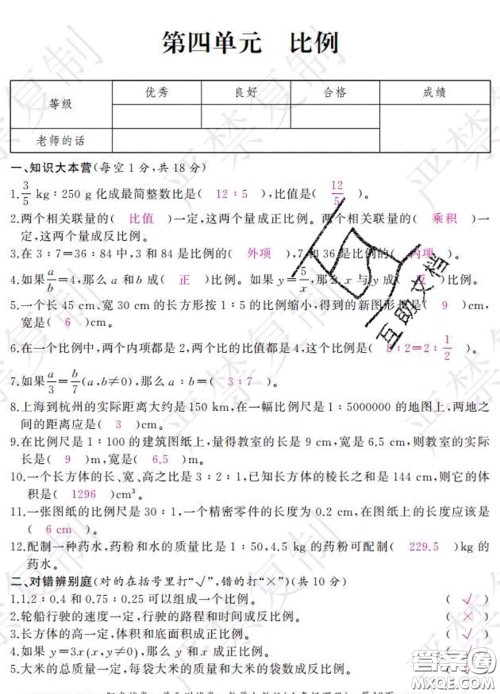 2020春阳光试卷单元测试卷六年级数学下册人教版答案