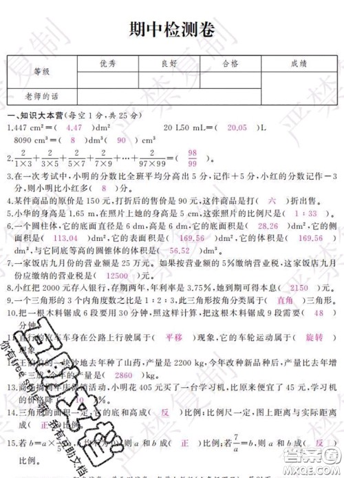 2020春阳光试卷单元测试卷六年级数学下册人教版答案
