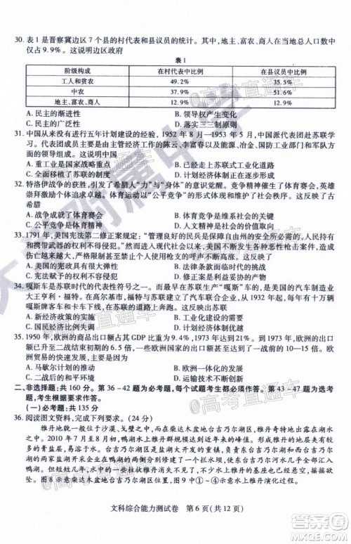 哈师大附中2020年高三第三次模拟考试文科综合试题及答案