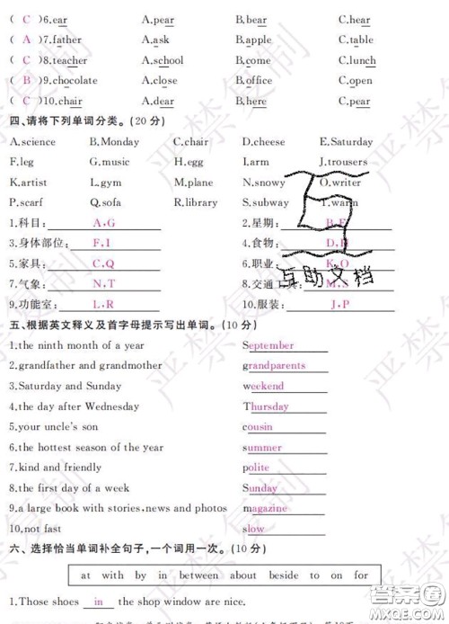 2020春阳光试卷单元测试卷六年级英语下册人教版答案