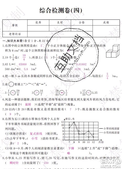 2020春阳光试卷单元测试卷五年级数学下册人教版答案
